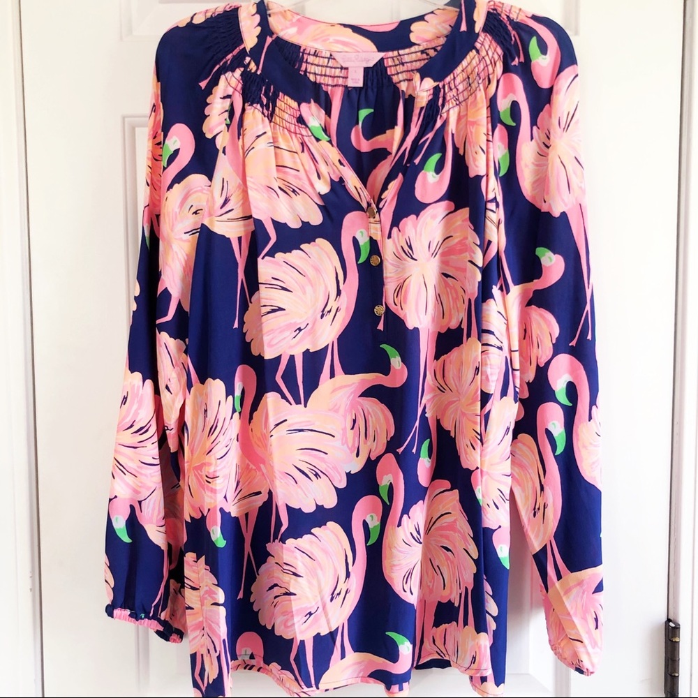 Lilly Pulitzer Navy & Pink Flamingo Silk Top